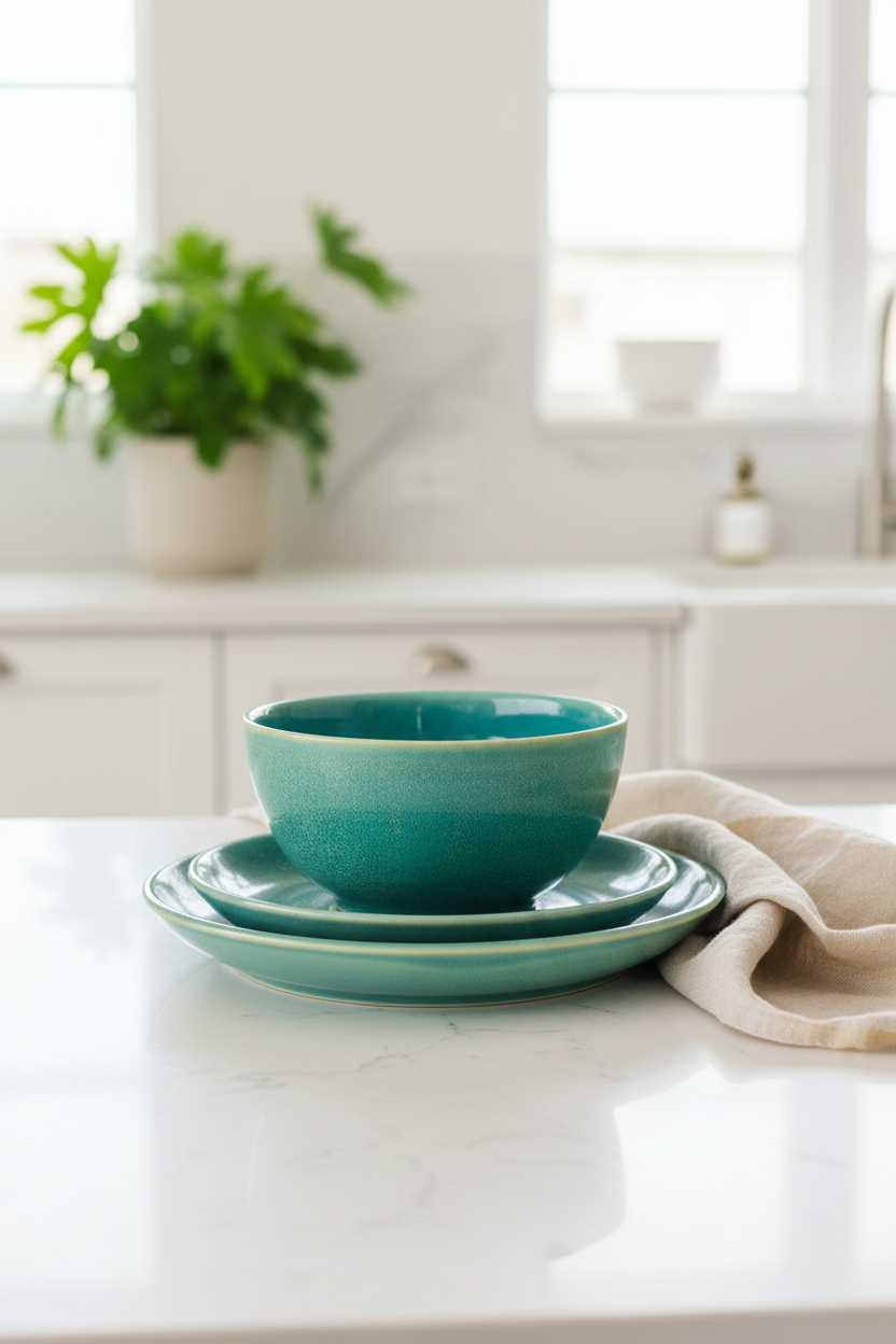 Breakfast, Lunch, and Dinner Set in Green and Blue, 3.5”x5.75” Bowl, 7.25” Plate, 8.5” Plate, no.50