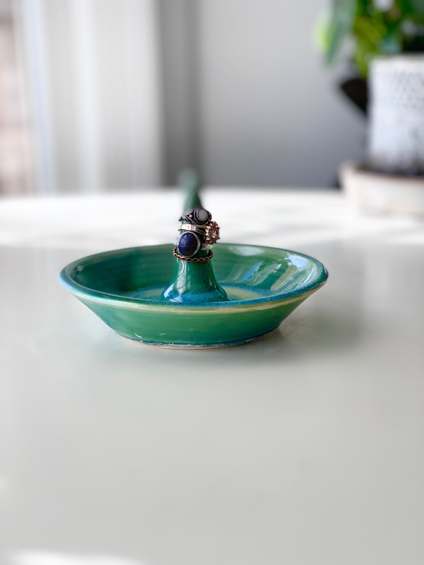 Green Jewelry Dish with Ring Stem, no.48 (Normally $32, discounted for glaze drip that’s been sanded smooth)