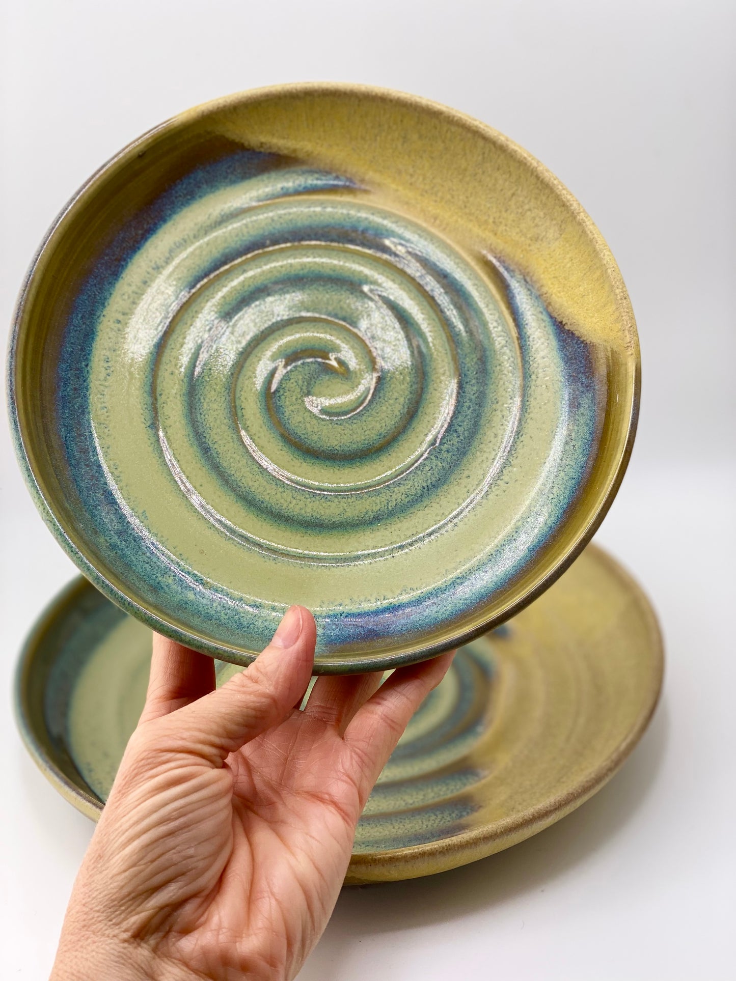 Breakfast, Lunch, and Dinner Set in Green and Oatmeal, 3”x5.5” Bowl, 7” Plate, 9” Plate, no.49…Second due to glaze drips that were ground down and a couple pinholes, normally $95