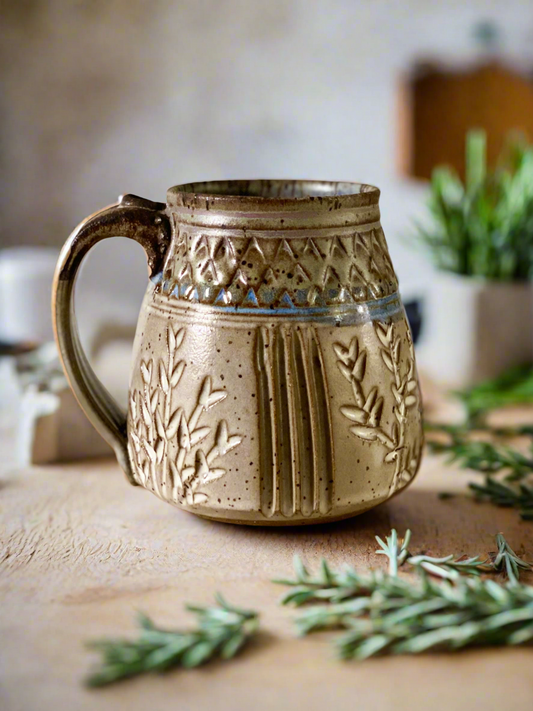 Handcrafted Lavender, Rosemary & Thyme Carved Mug - Lavender & White Glaze with Pulled Handle