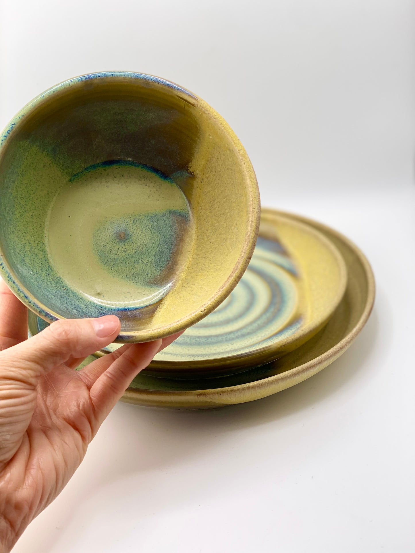 Breakfast, Lunch, and Dinner Set in Green and Oatmeal, 3”x5.5” Bowl, 7” Plate, 9” Plate, no.49…Second due to glaze drips that were ground down and a couple pinholes, normally $95