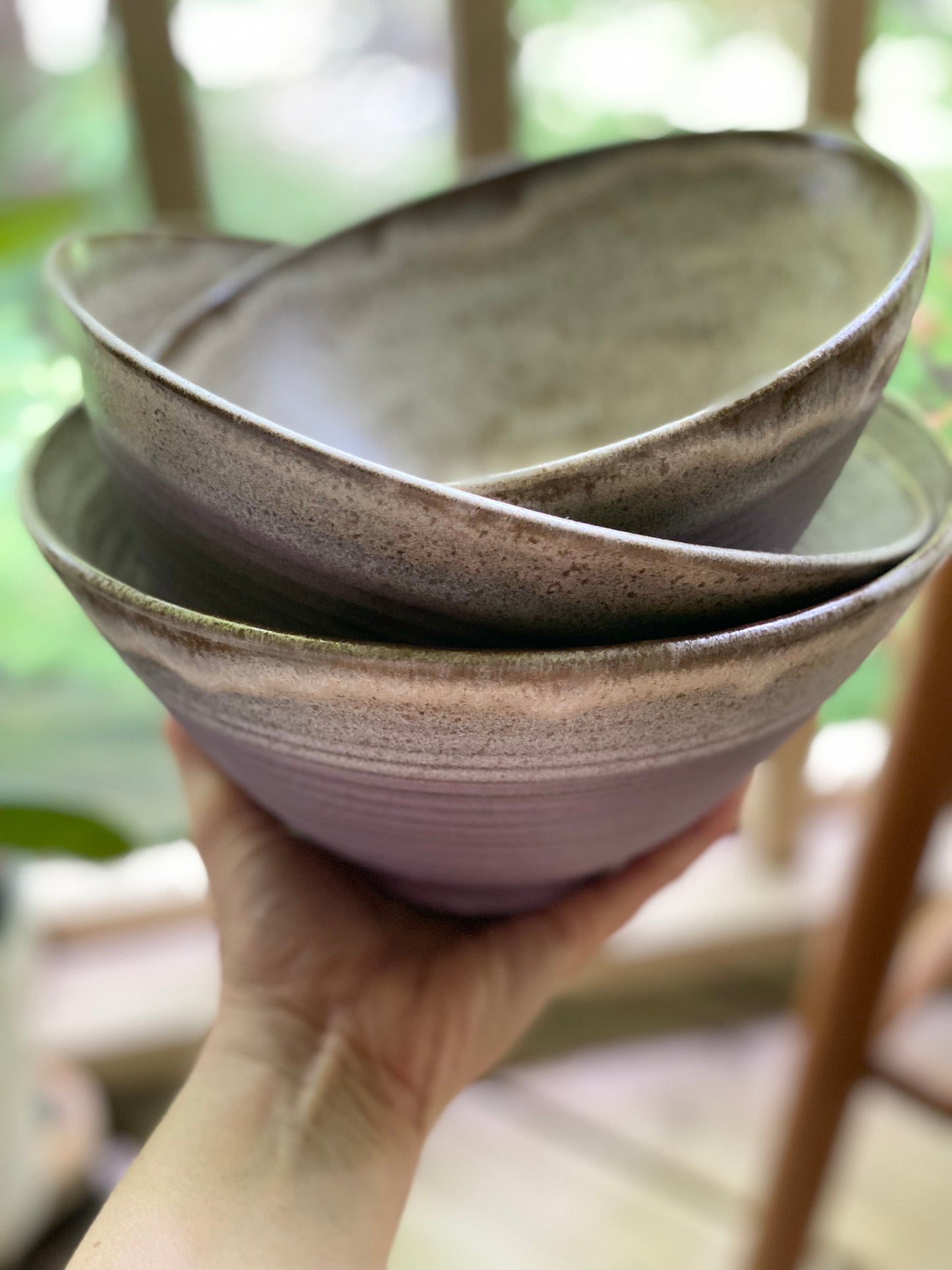 Set of 3 Nesting Bowls in Pink Sierra and Cream, L 5”x8.75”, M 4.5”x8.25”, S 4.25”x7.5”