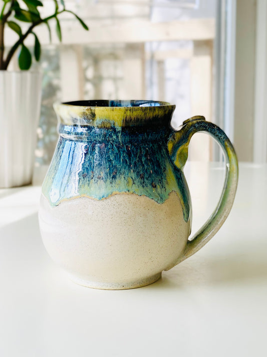 Creamy Speckled Mug with gold, teal, and blue, 22oz no.18
