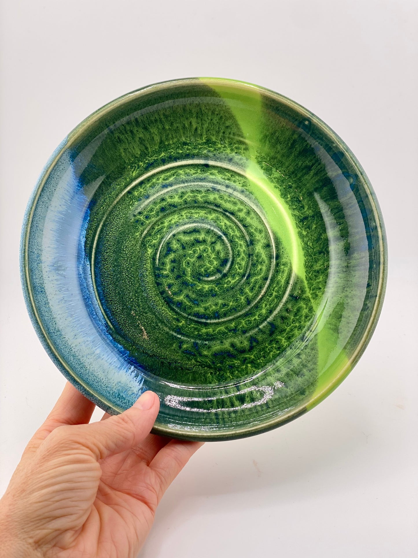 Blue and Green Plate, 7.5” no.45 (discounted slightly due to glaze imperfection on the underside, has been sanded smooth, normally $40)