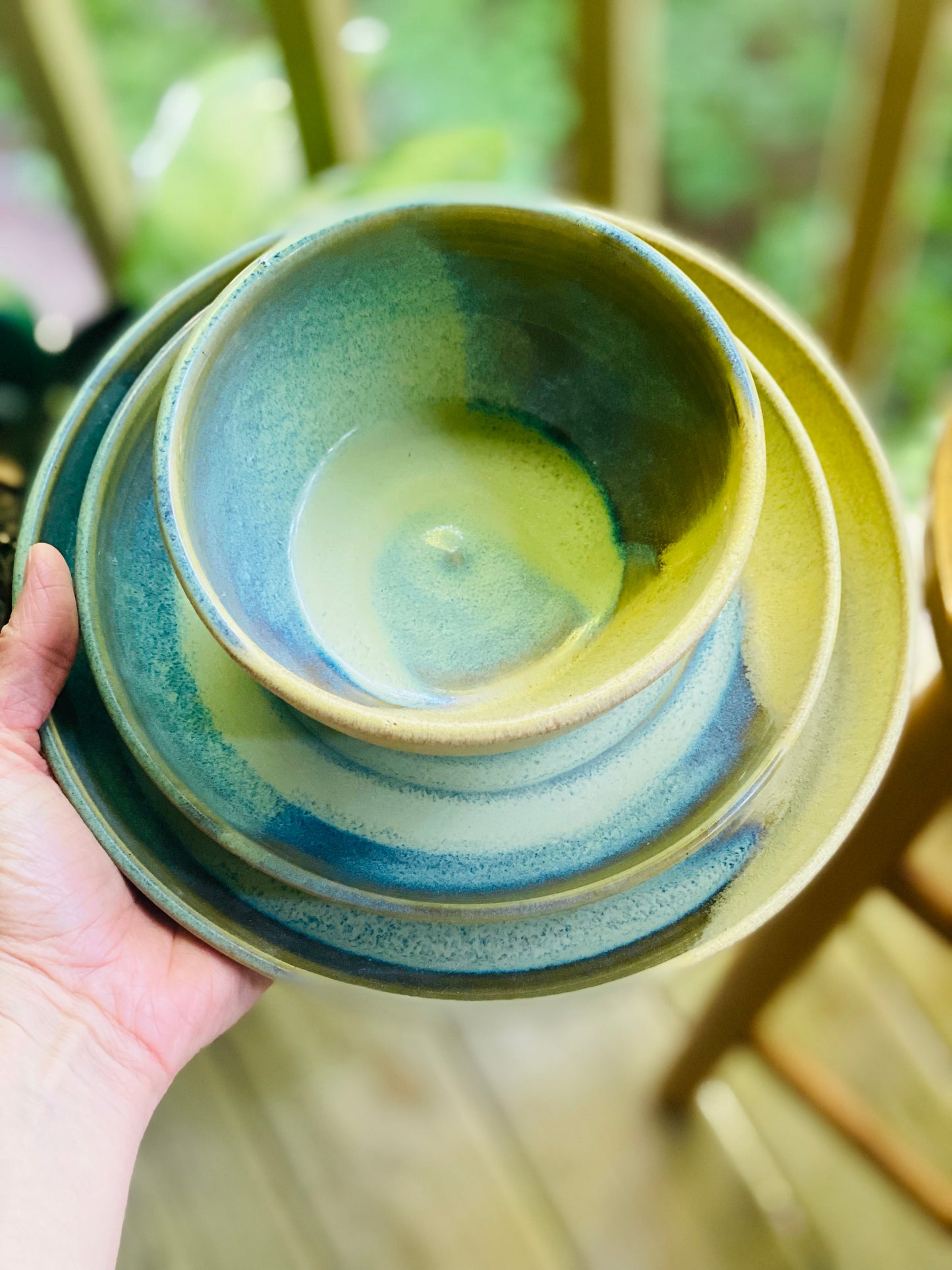 Breakfast, Lunch, and Dinner Set in Green and Oatmeal, 3”x5.5” Bowl, 7” Plate, 9” Plate, no.49…Second due to glaze drips that were ground down and a couple pinholes, normally $95