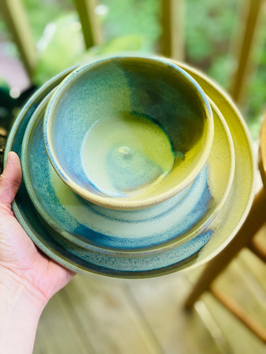 Breakfast, Lunch, and Dinner Set in Green and Oatmeal, 3”x5.5” Bowl, 7” Plate, 9” Plate, no.49…Second due to glaze drips that were ground down and a couple pinholes, normally $95