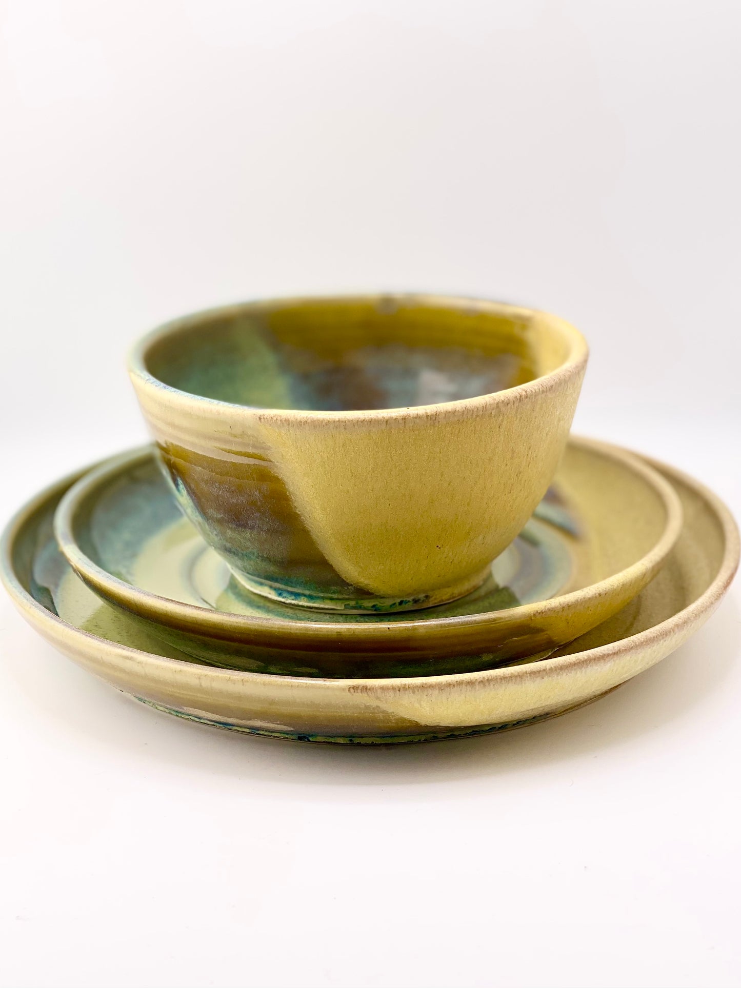 Breakfast, Lunch, and Dinner Set in Green and Oatmeal, 3”x5.5” Bowl, 7” Plate, 9” Plate, no.49…Second due to glaze drips that were ground down and a couple pinholes, normally $95