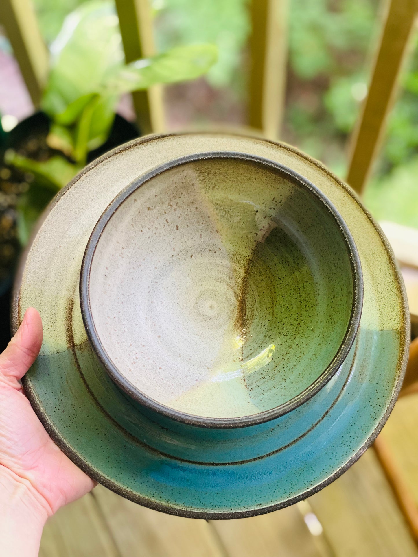 Soup and Sandwich Set in Green and Oatmeal, 3.25”x6.5” Bowl, 10” Plate, no.48