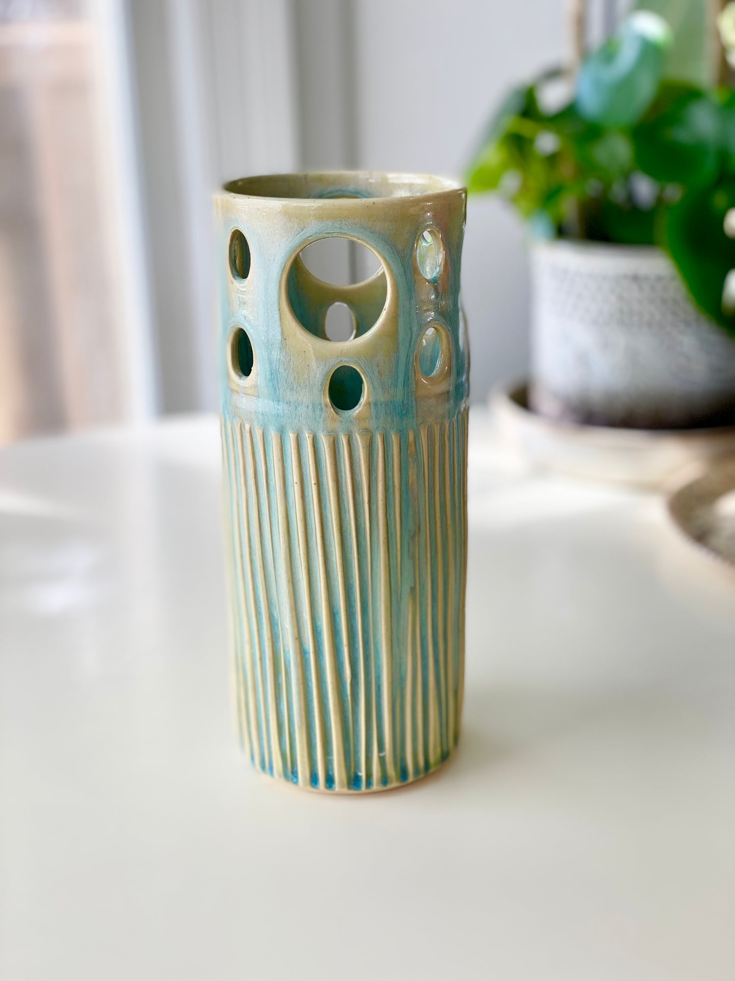 Green Vase, Pierced and Carved, 3.5”x8.5” no.18