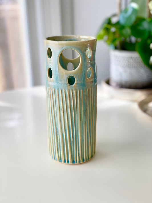 Green Vase, Pierced and Carved, 3.5”x8.5” no.18