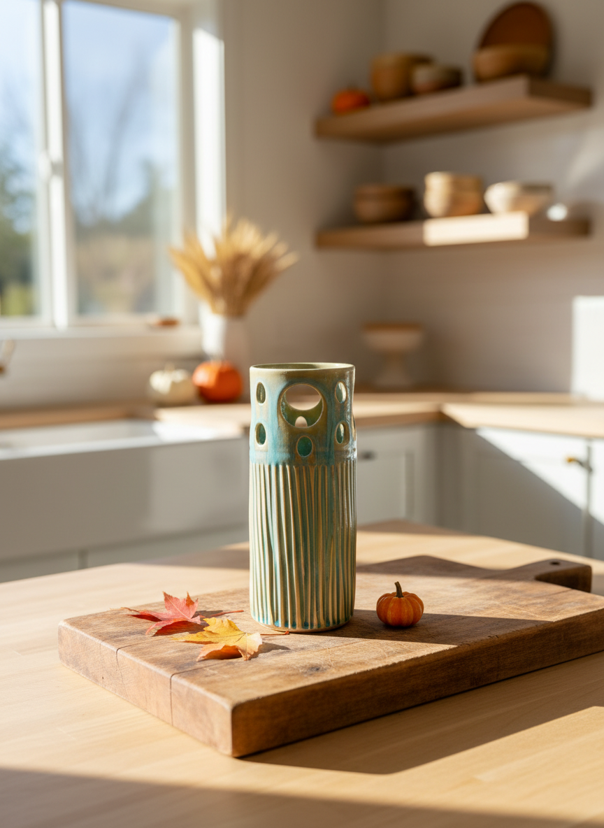 Green Vase, Pierced and Carved, 3.5”x8.5” no.18