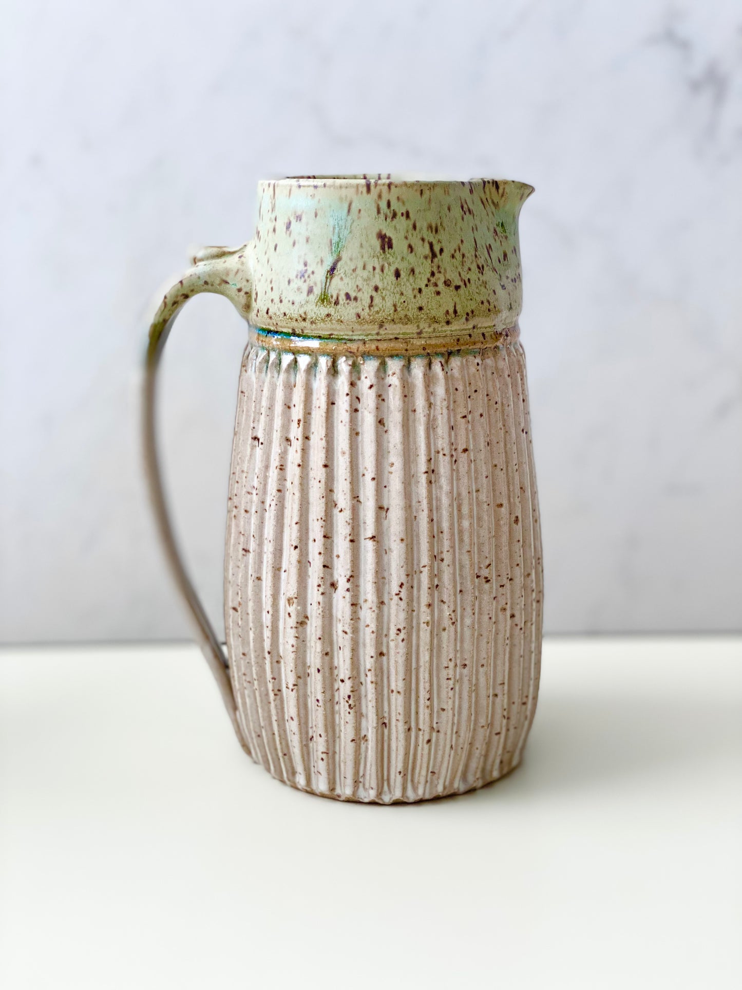 Pitcher, Carved and Fluted, Sage Green and Speckled White, 40oz, 8”ht