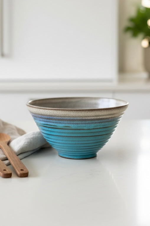 Serving/Mixing Bowl in Blue and Cream, 5”x 8.25”