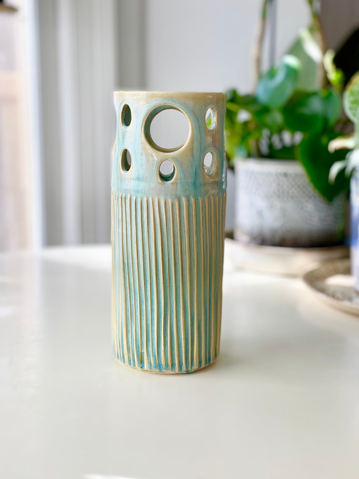 Green Vase, Pierced and Carved, 3.5”x8.5” no.18