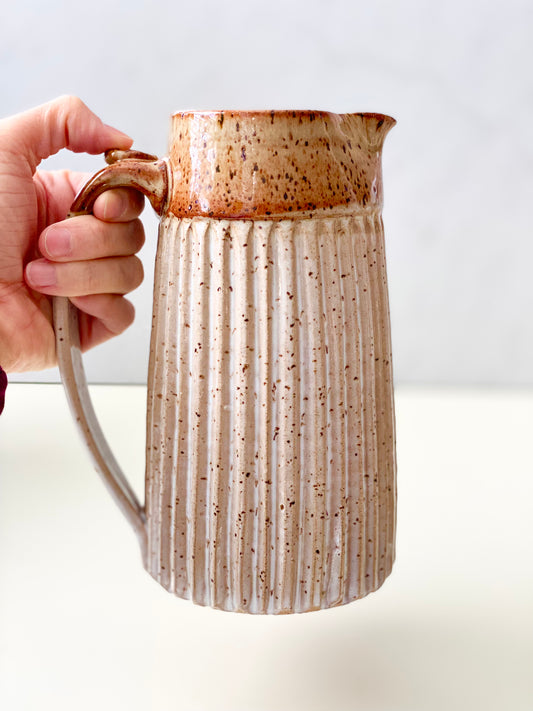 Pitcher, Carved and Fluted, Mocha Cream and Speckled White, 34oz, 7.5”ht