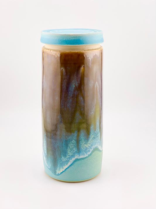 #61 Lidded Jar, Blue Green and Amber Glaze 7.5”ht x 3”w
