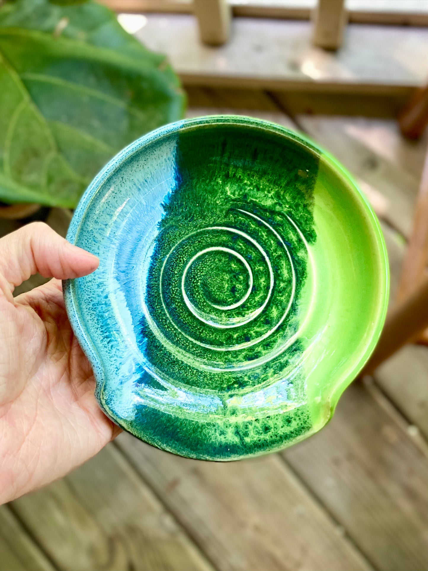Blue and Green Spoon Rest, 5.5” no.33, (discounted due to imperfections on the underside, normally $35)