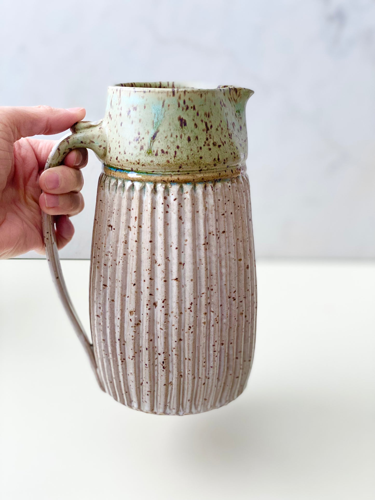 Pitcher, Carved and Fluted, Sage Green and Speckled White, 40oz, 8”ht