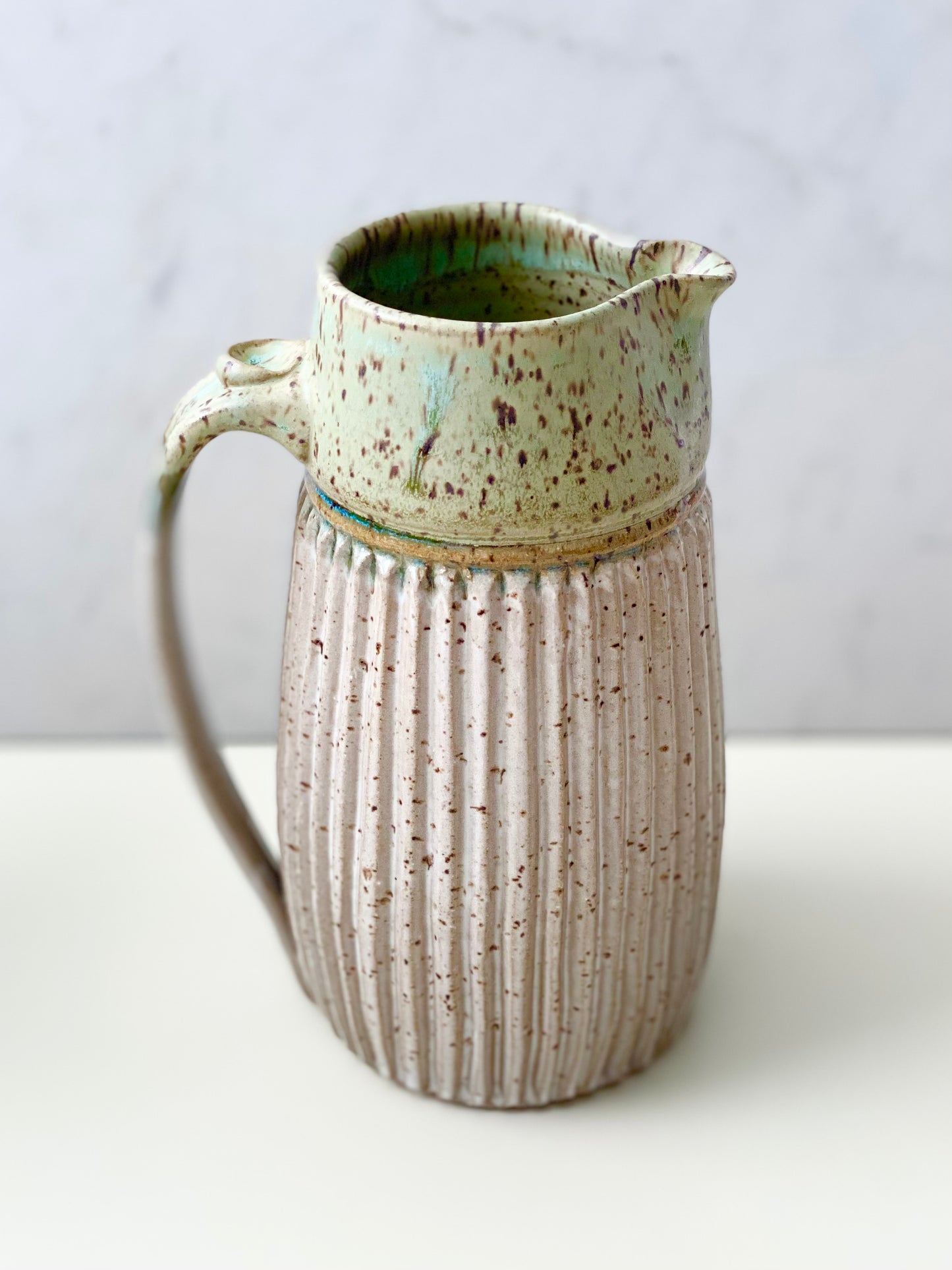 Pitcher, Carved and Fluted, Sage Green and Speckled White, 40oz, 8”ht