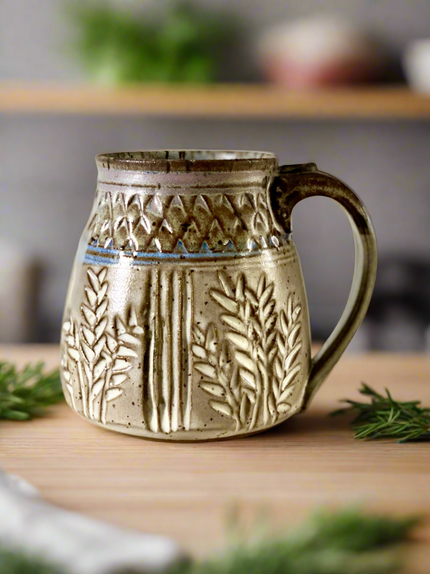 Handcrafted Lavender, Rosemary & Thyme Carved Mug - Lavender & White Glaze with Pulled Handle