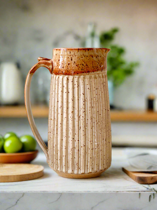 Pitcher, Carved and Fluted, Mocha Cream and Speckled White, 34oz, 7.5”ht