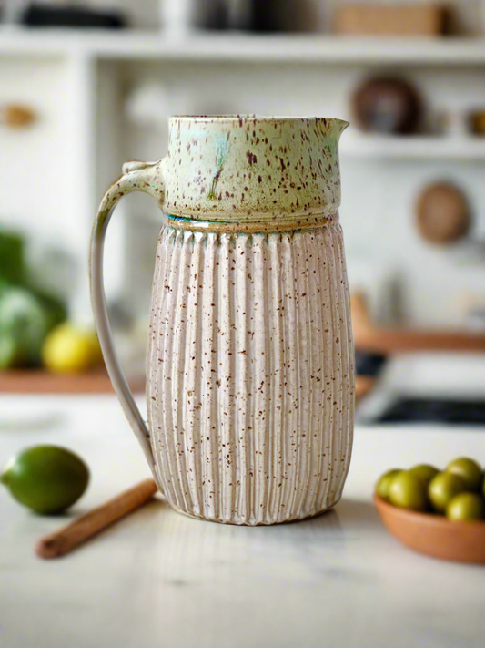 Pitcher, Carved and Fluted, Sage Green and Speckled White, 40oz, 8”ht